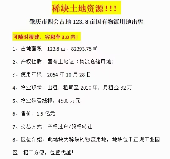 肇庆国有土地证，仓储物流用地124亩出售，售价1.2亿3